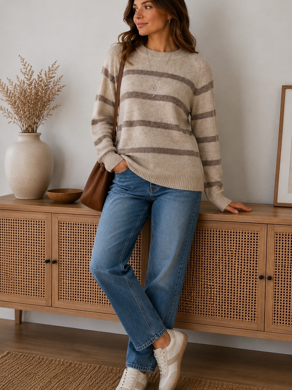 Reitmans Striped Knit Sweater – Cream & Taupe - Picture 9 of 9